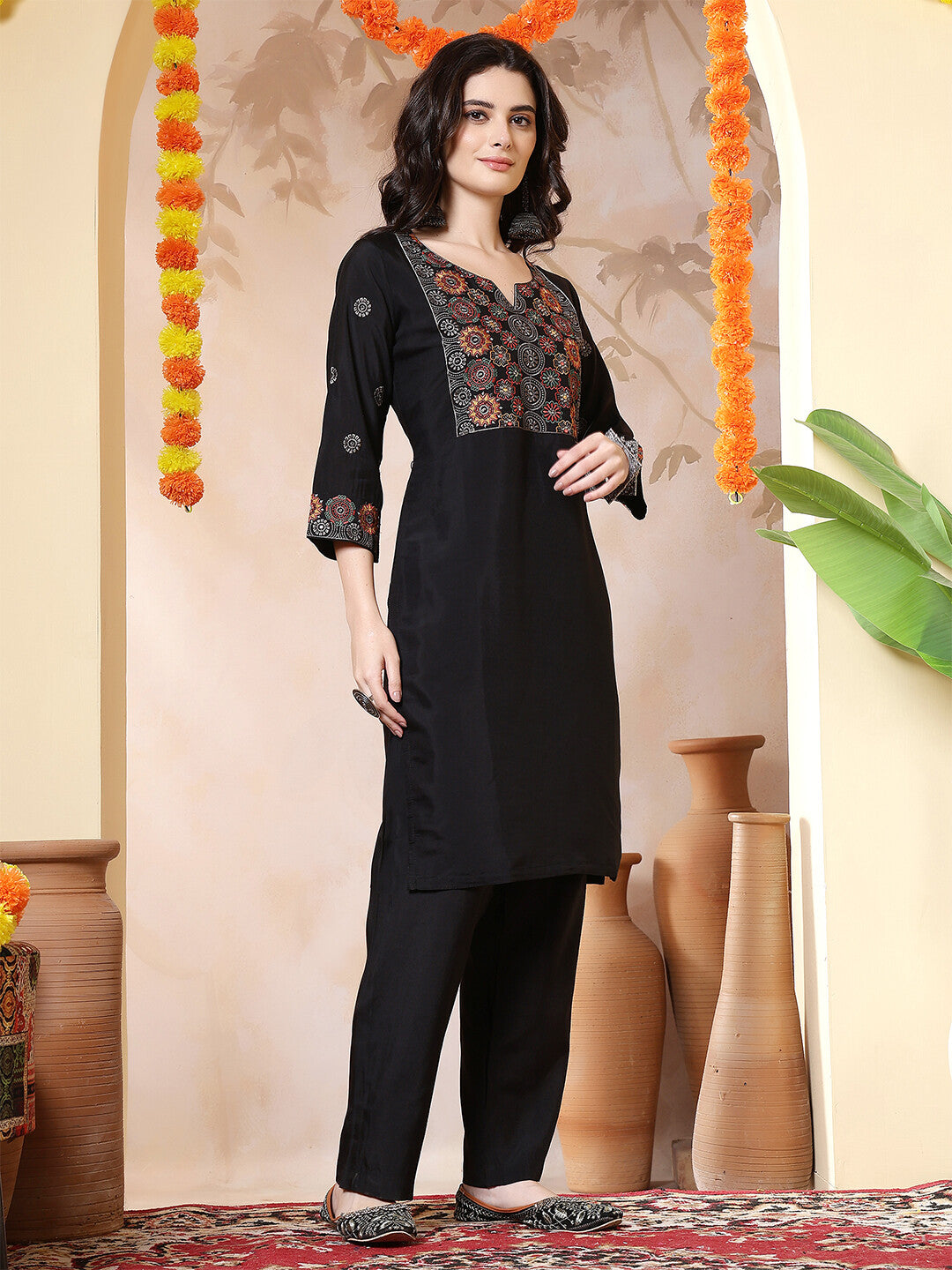 Floral Embroidered Straight Kurta & Trousers Sets