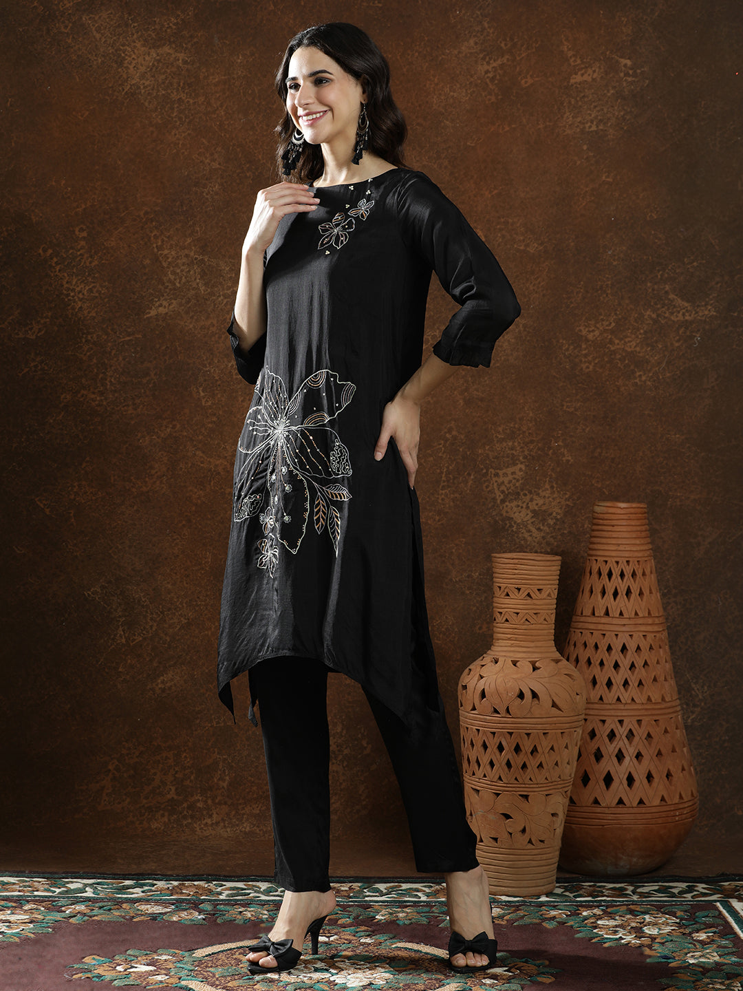 Floral Embroidered A-Line Kurta & Trousers Sets