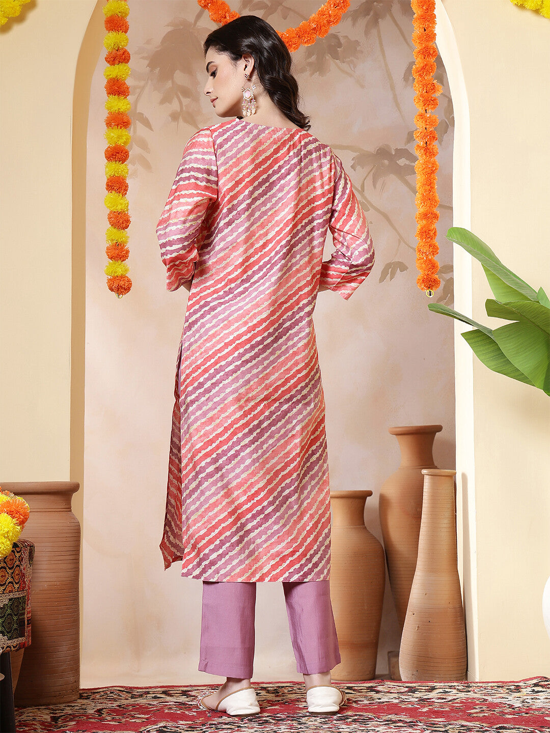 Leheriya Embroidered Straight Kurta & Trousers Sets