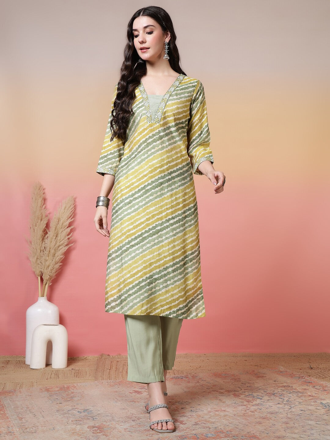 Leheriya Embroidered Straight Kurta & Trousers Sets