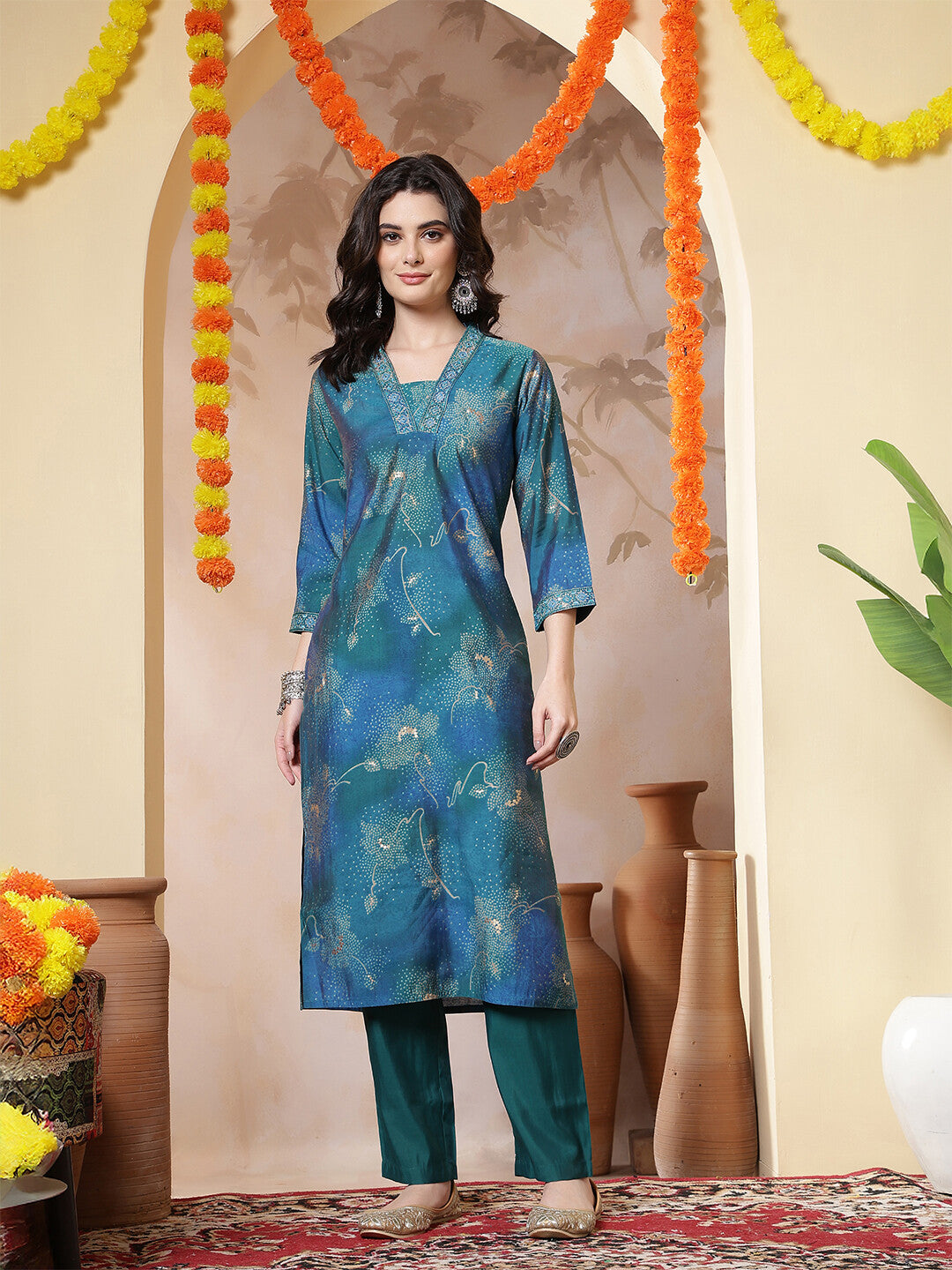 Floral Embroidered Straight Kurta & Trousers Sets