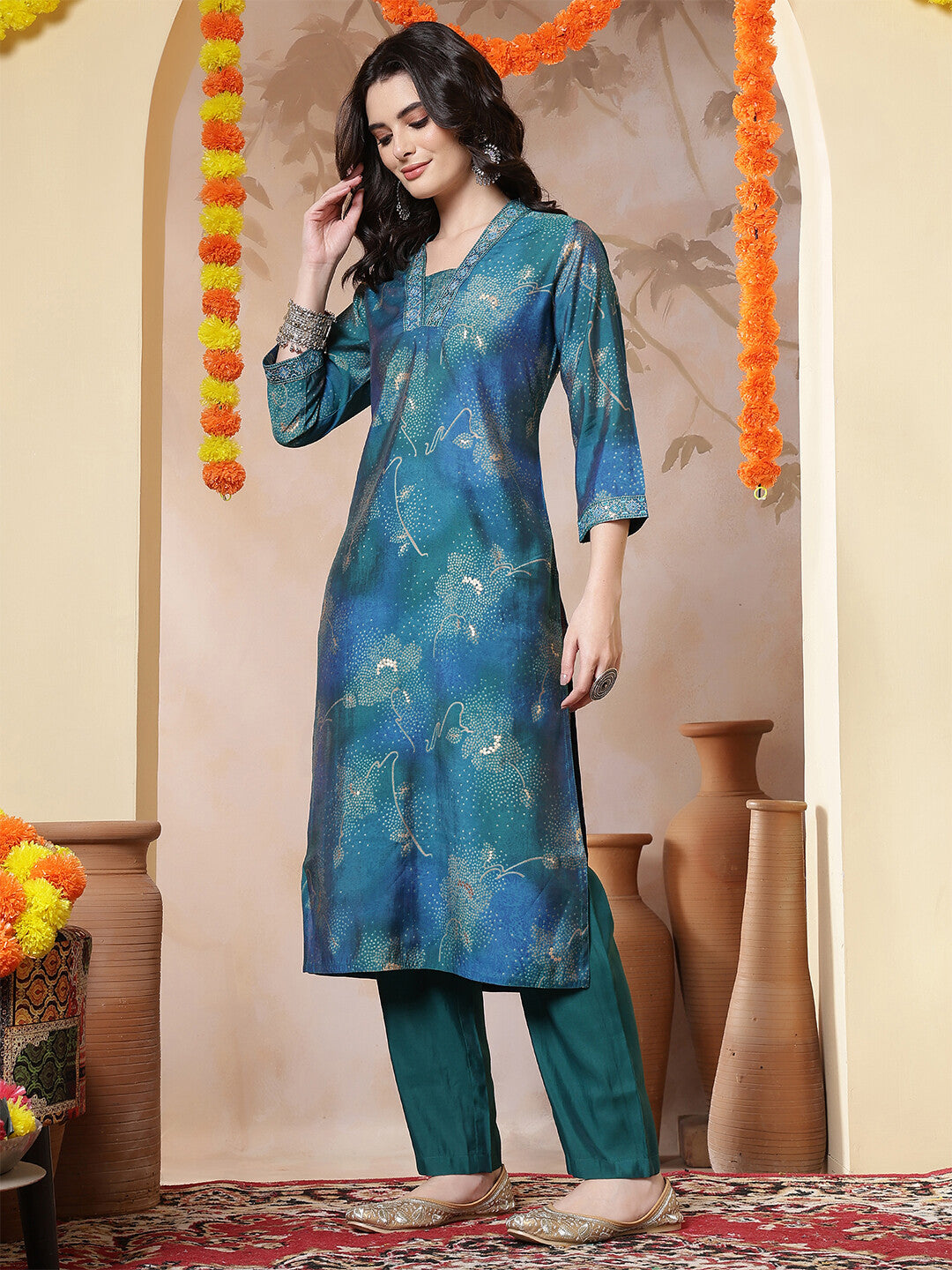 Floral Embroidered Straight Kurta & Trousers Sets