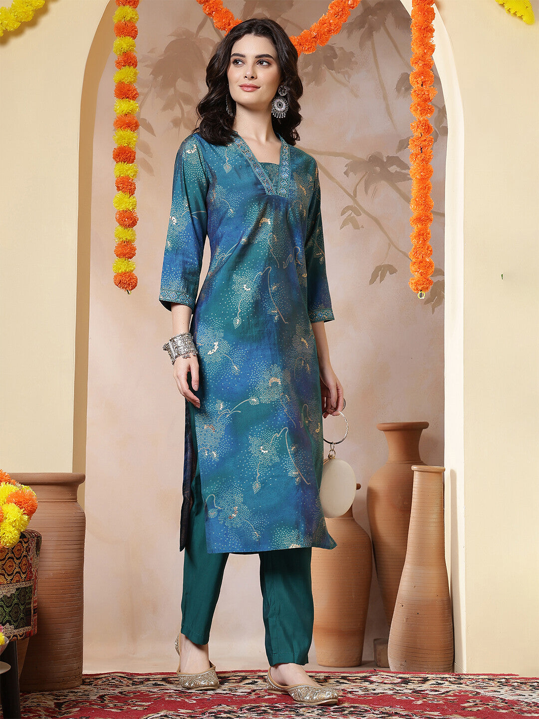 Floral Embroidered Straight Kurta & Trousers Sets