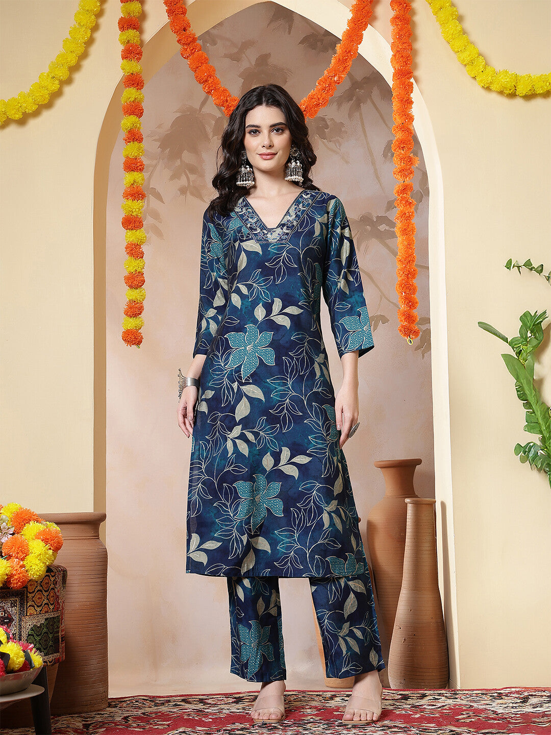 Floral Embroidered Straight Kurta & Trousers Sets