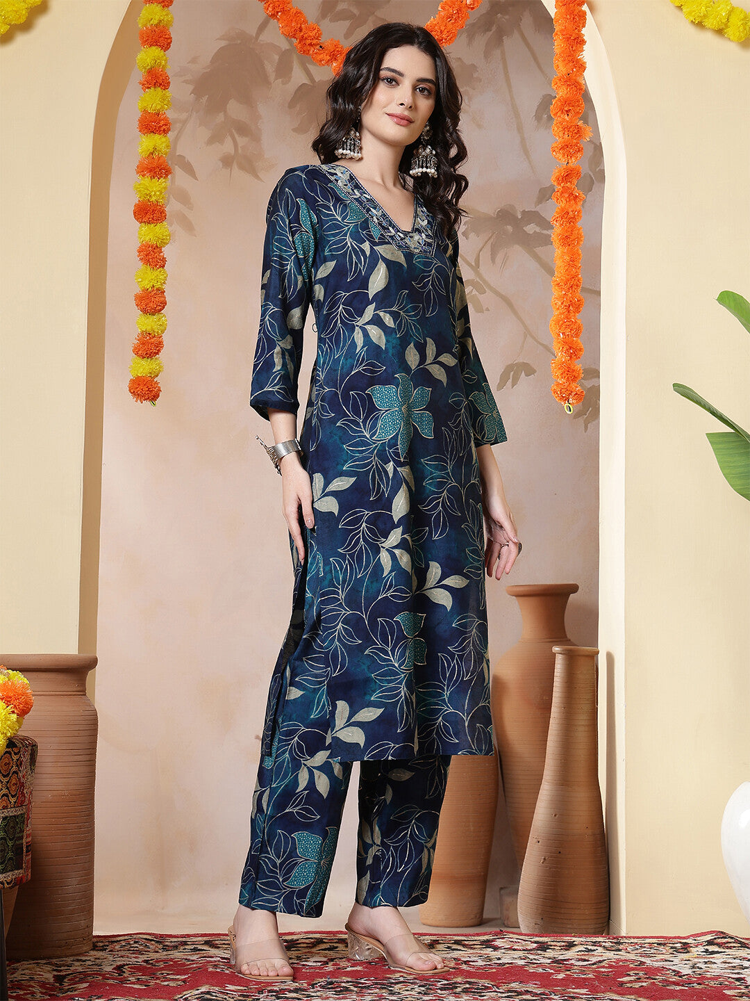 Floral Embroidered Straight Kurta & Trousers Sets