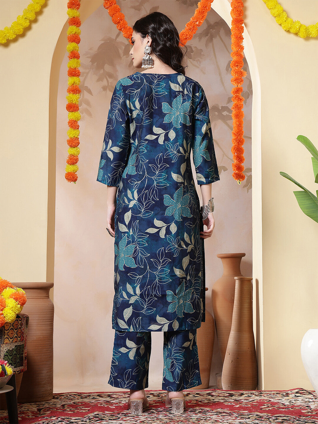 Floral Embroidered Straight Kurta & Trousers Sets