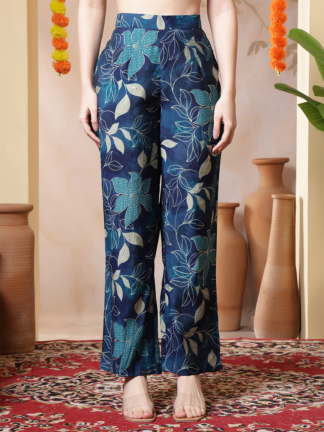 Floral Embroidered Straight Kurta & Trousers Sets
