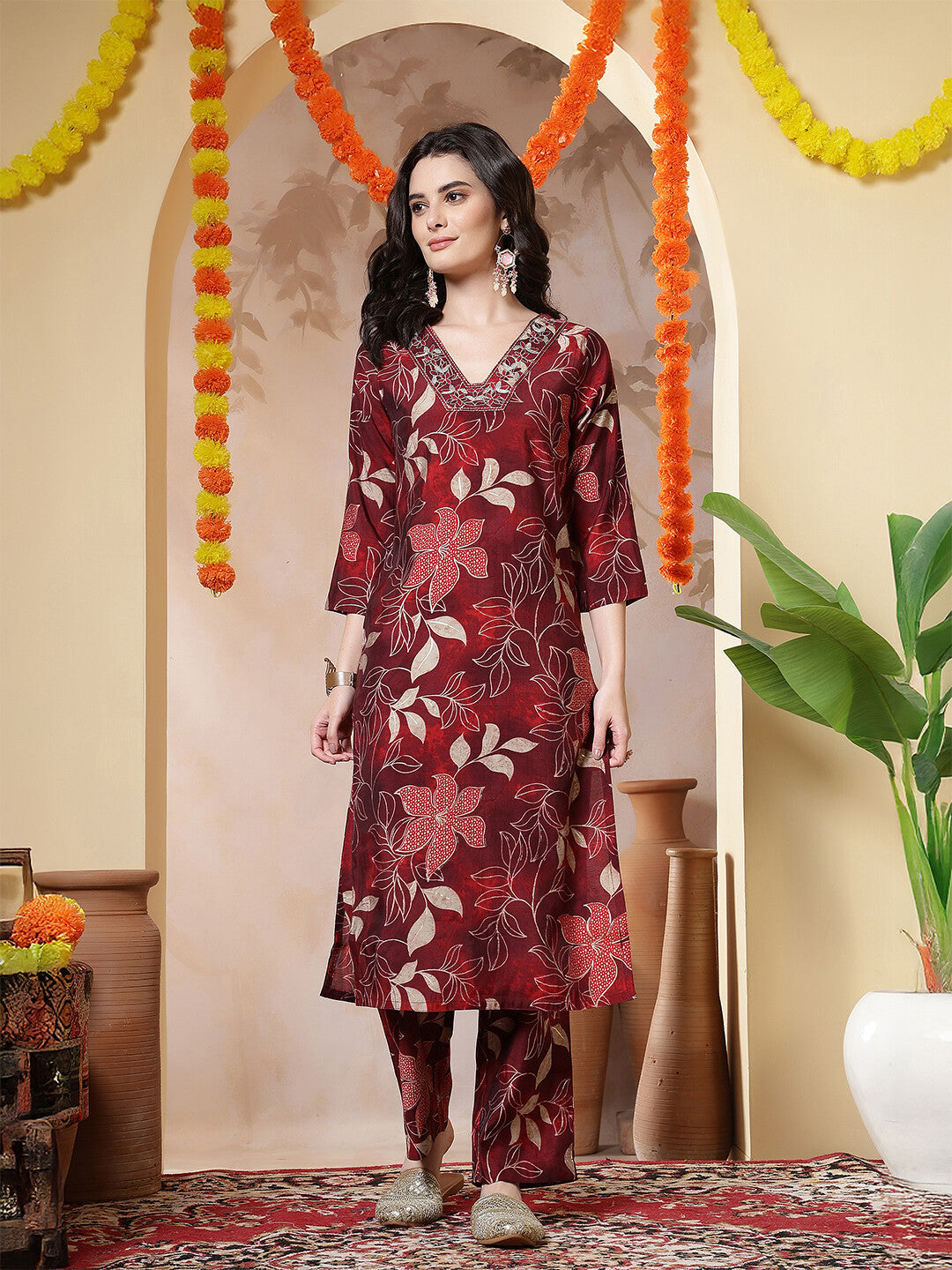 Floral Embroidered Straight Kurta & Trousers Sets