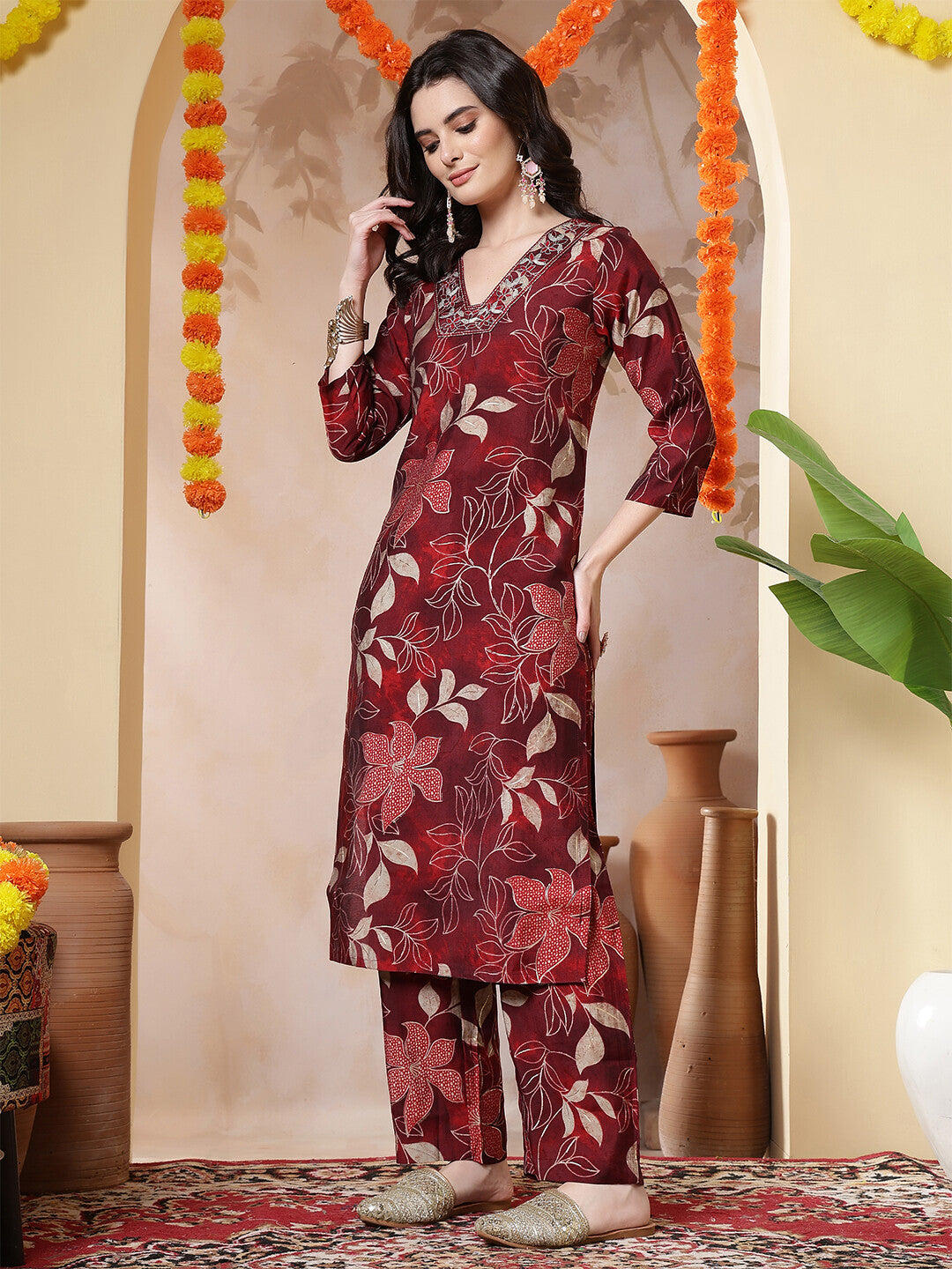 Floral Embroidered Straight Kurta & Trousers Sets