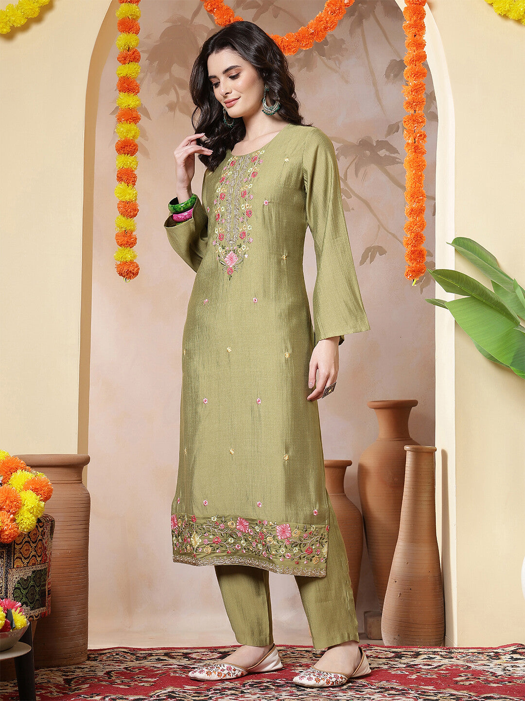 Floral Embroidered Straight Kurta & Trousers Sets
