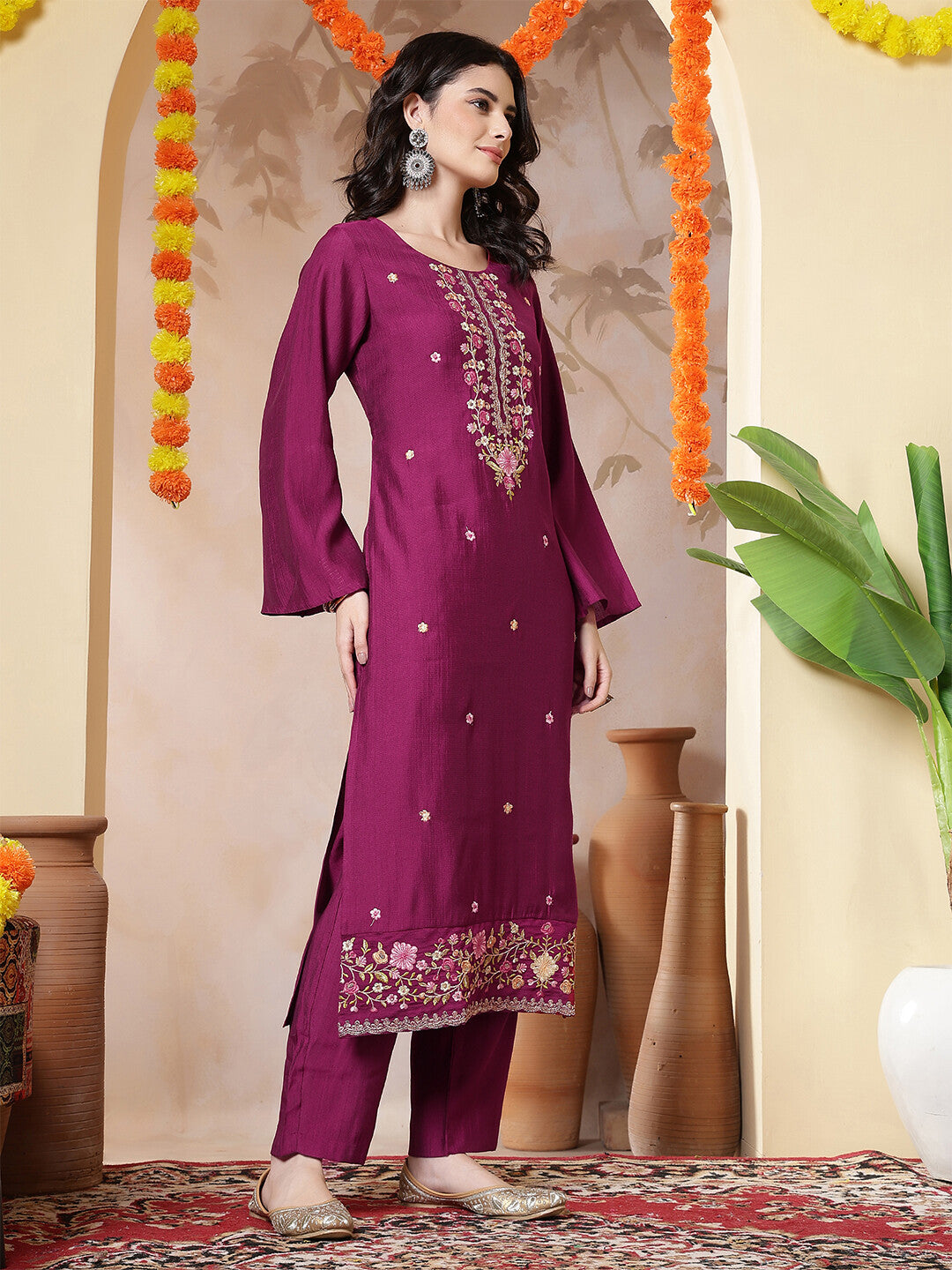 Floral Embroidered Straight Kurta & Trousers Sets