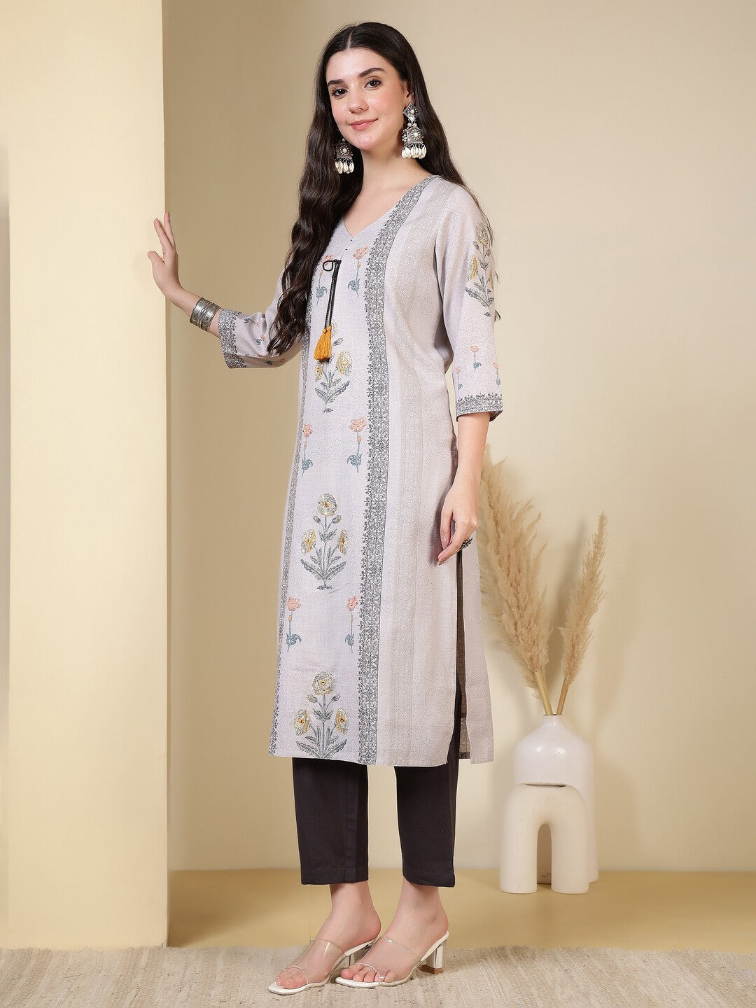 Floral Embroidered Straight Kurta & Trousers Sets