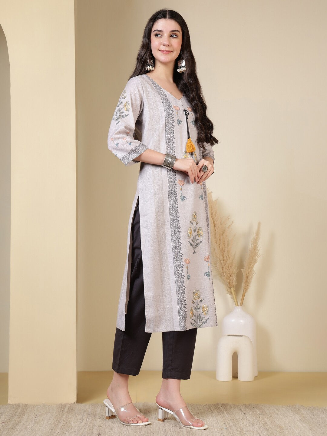 Floral Embroidered Straight Kurta & Trousers Sets