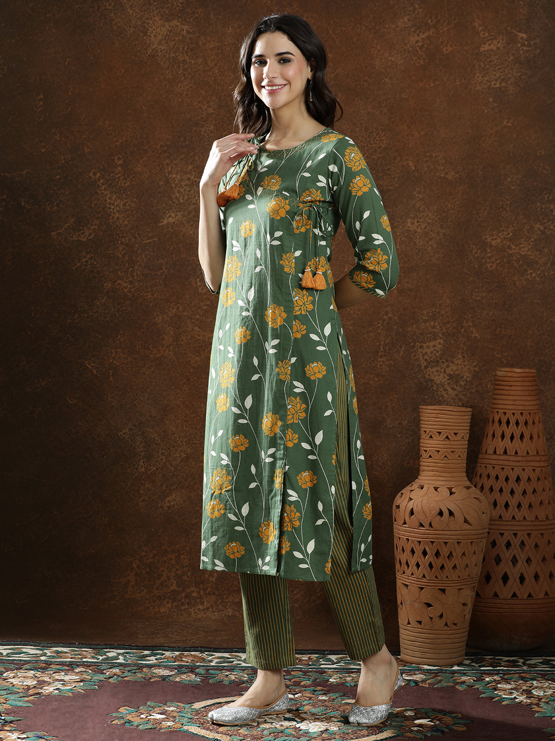 Floral Embroidered Straight Kurta & Trousers Sets