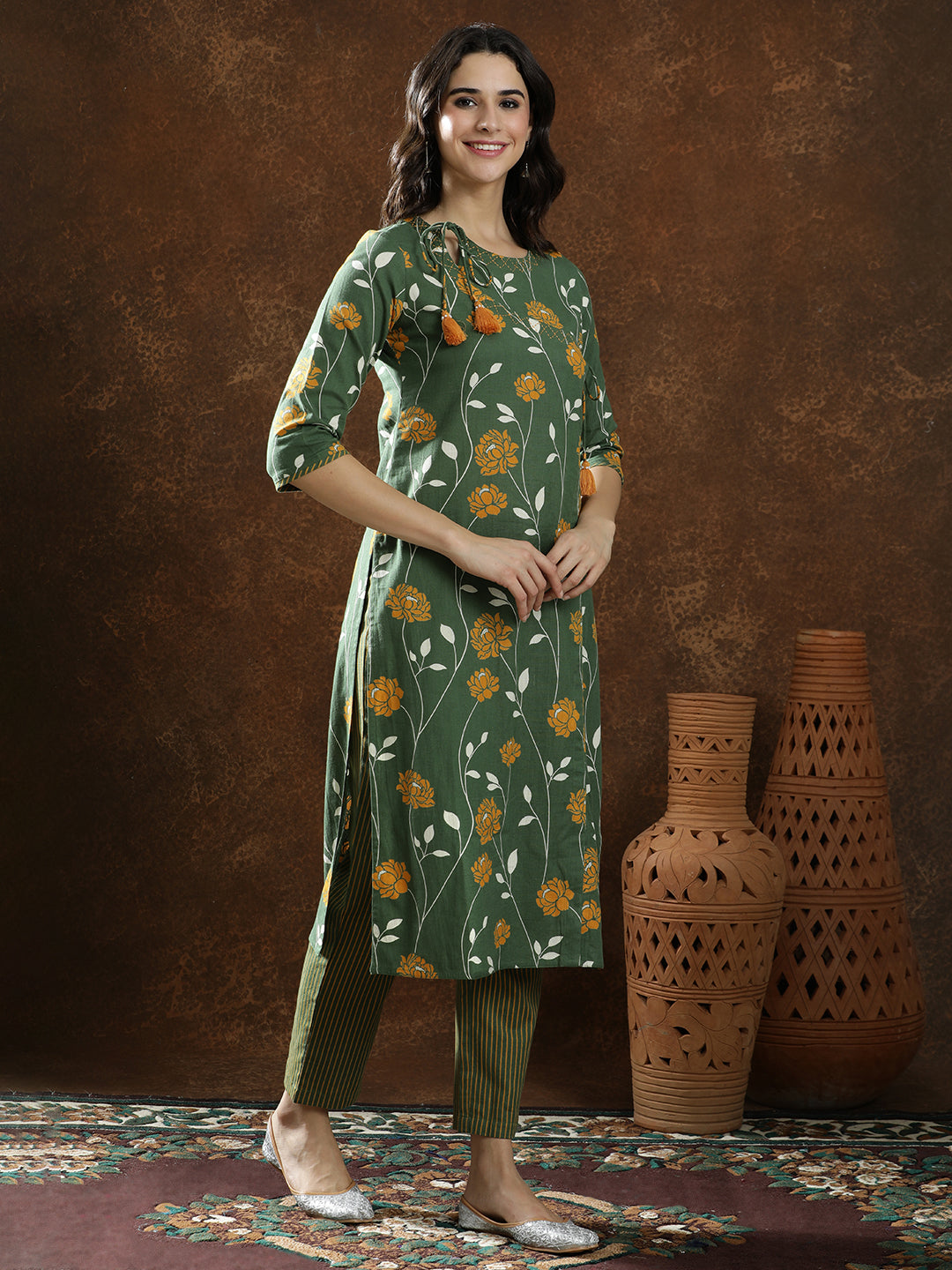 Floral Embroidered Straight Kurta & Trousers Sets