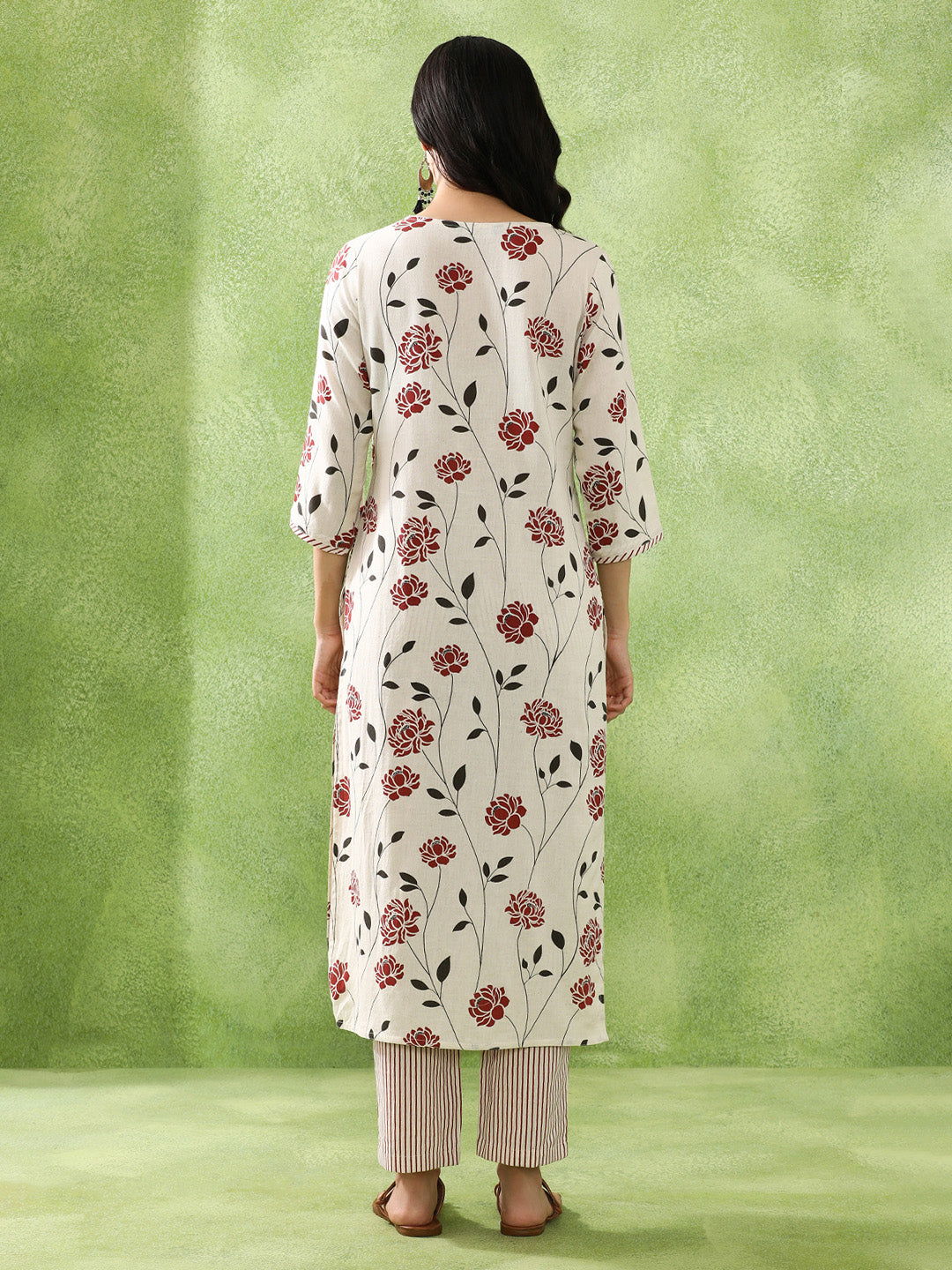 Floral Embroidered A-Line Cotton Blend Kurta & Trousers Sets