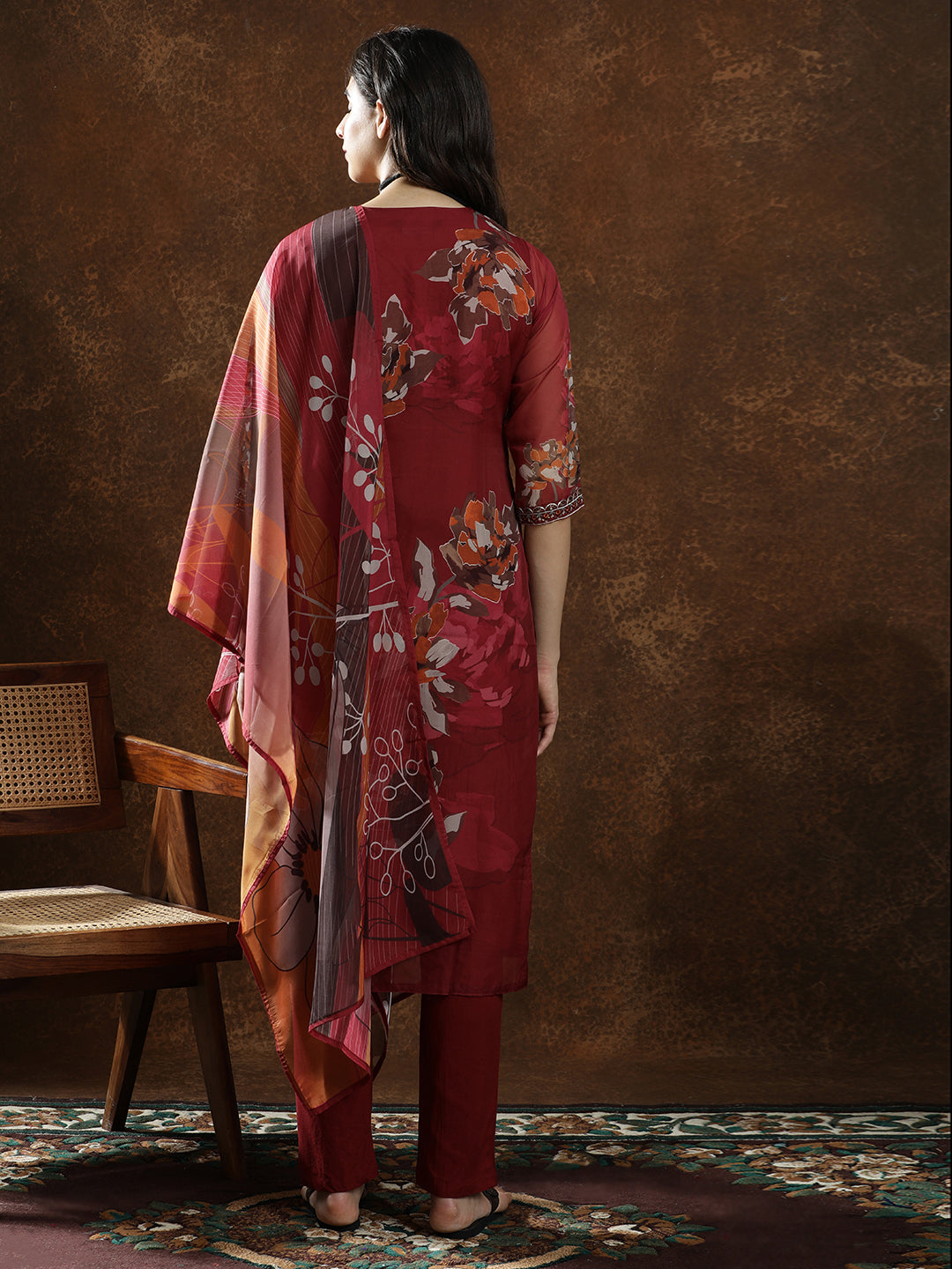 Floral Embroidered Straight Kurta & Trousers Sets