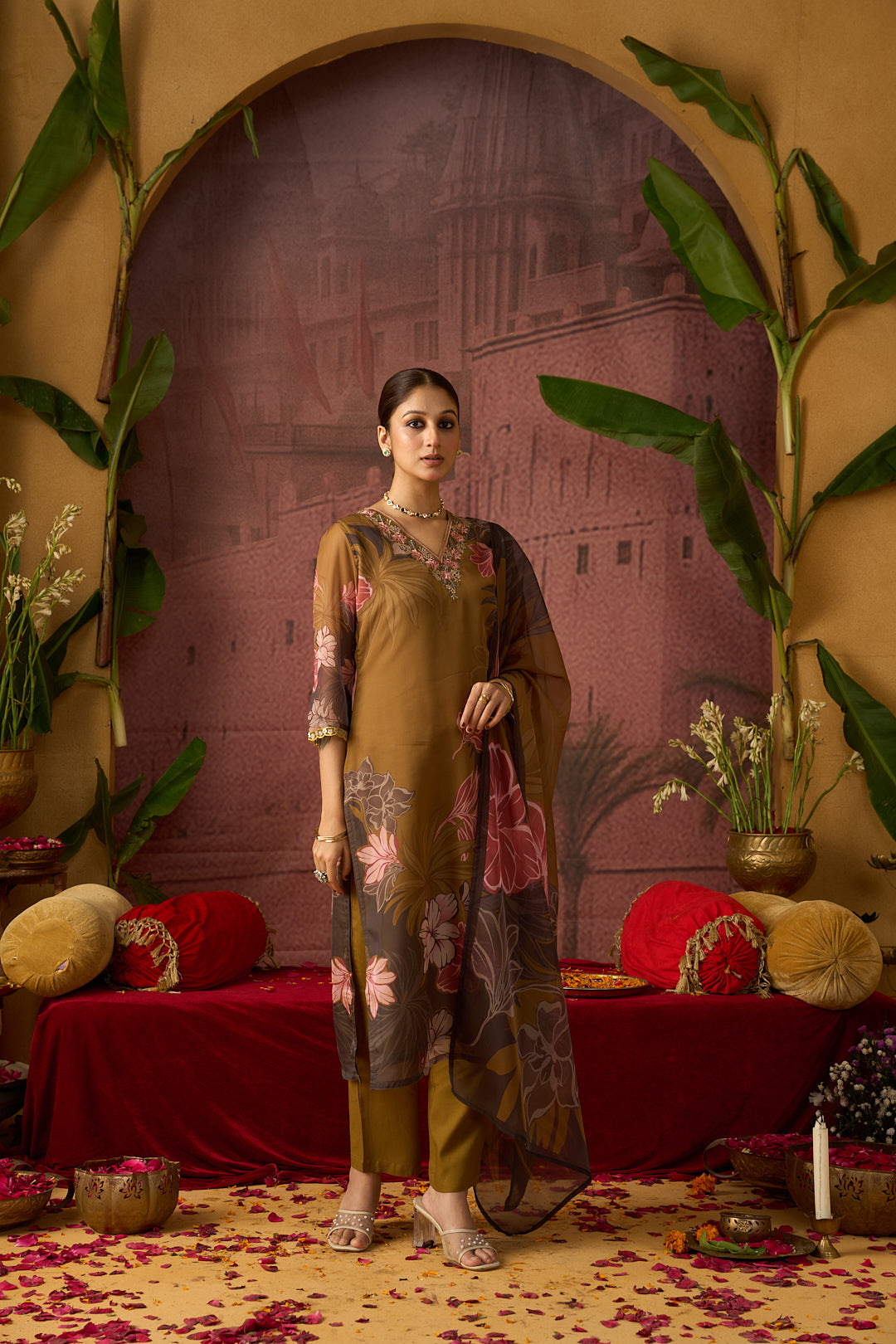Floral Embroidered Straight Organza Kurta & Trousers Sets