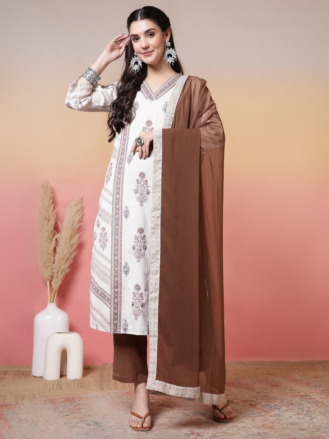 Floral Embroidered Straight Kurta & Trousers Sets