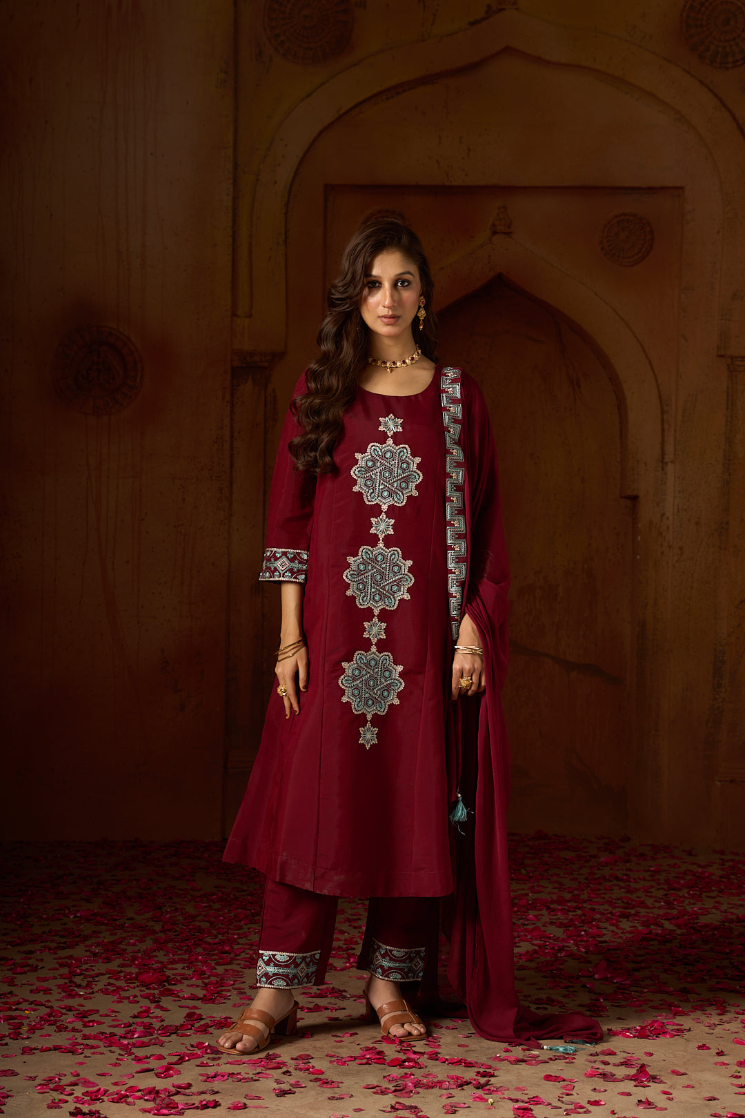 Floral Embroidered A-Line Silk Blend Kurta & Trousers Sets