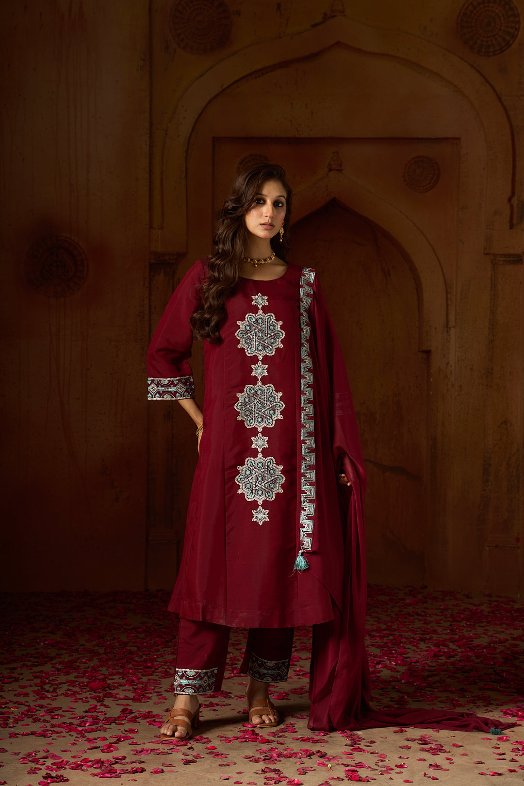 Floral Embroidered A-Line Silk Blend Kurta & Trousers Sets