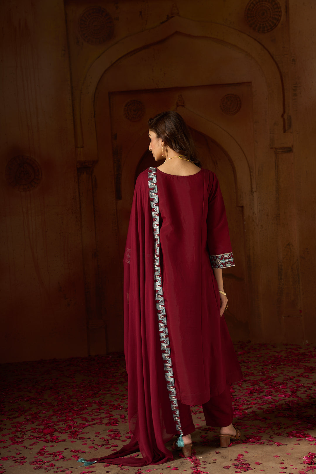 Floral Embroidered A-Line Silk Blend Kurta & Trousers Sets