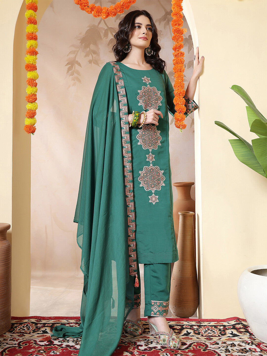 Floral Embroidered Straight Kurta & Trousers Sets