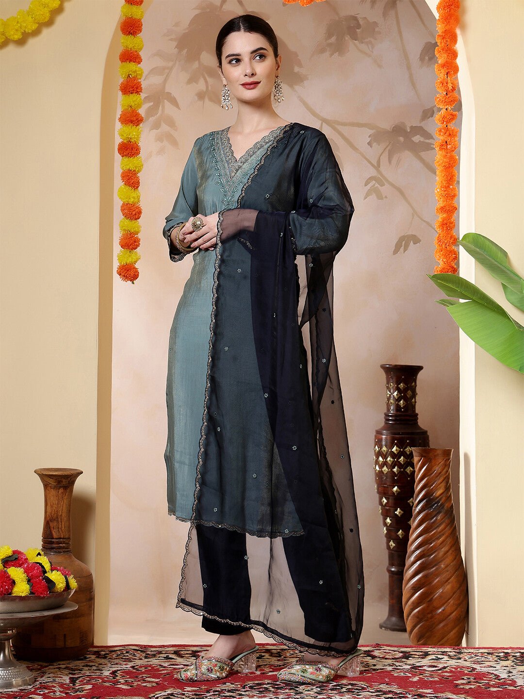 Floral Embroidered Straight Kurta & Trousers Sets