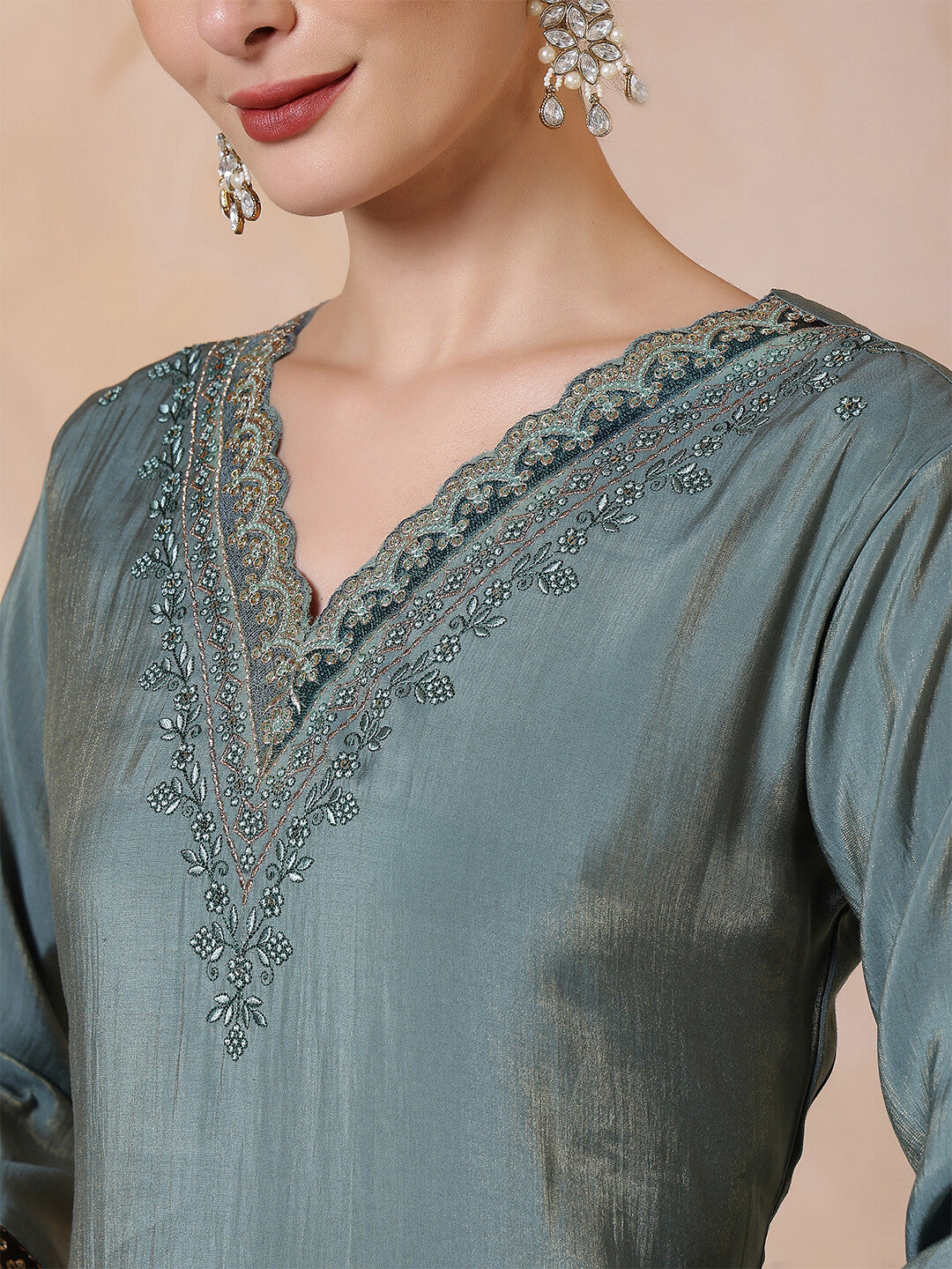 Floral Embroidered Straight Kurta & Trousers Sets