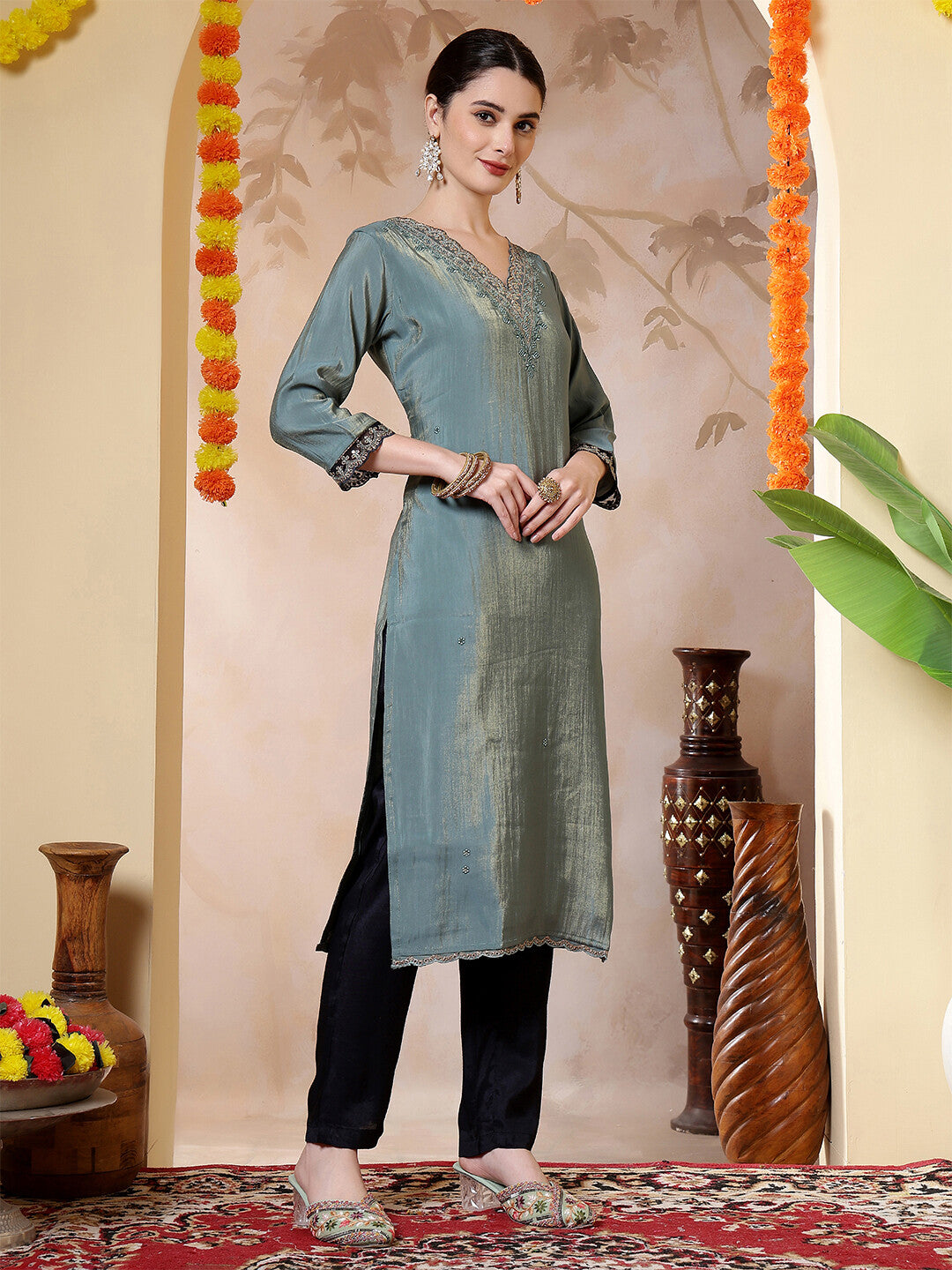 Floral Embroidered Straight Kurta & Trousers Sets