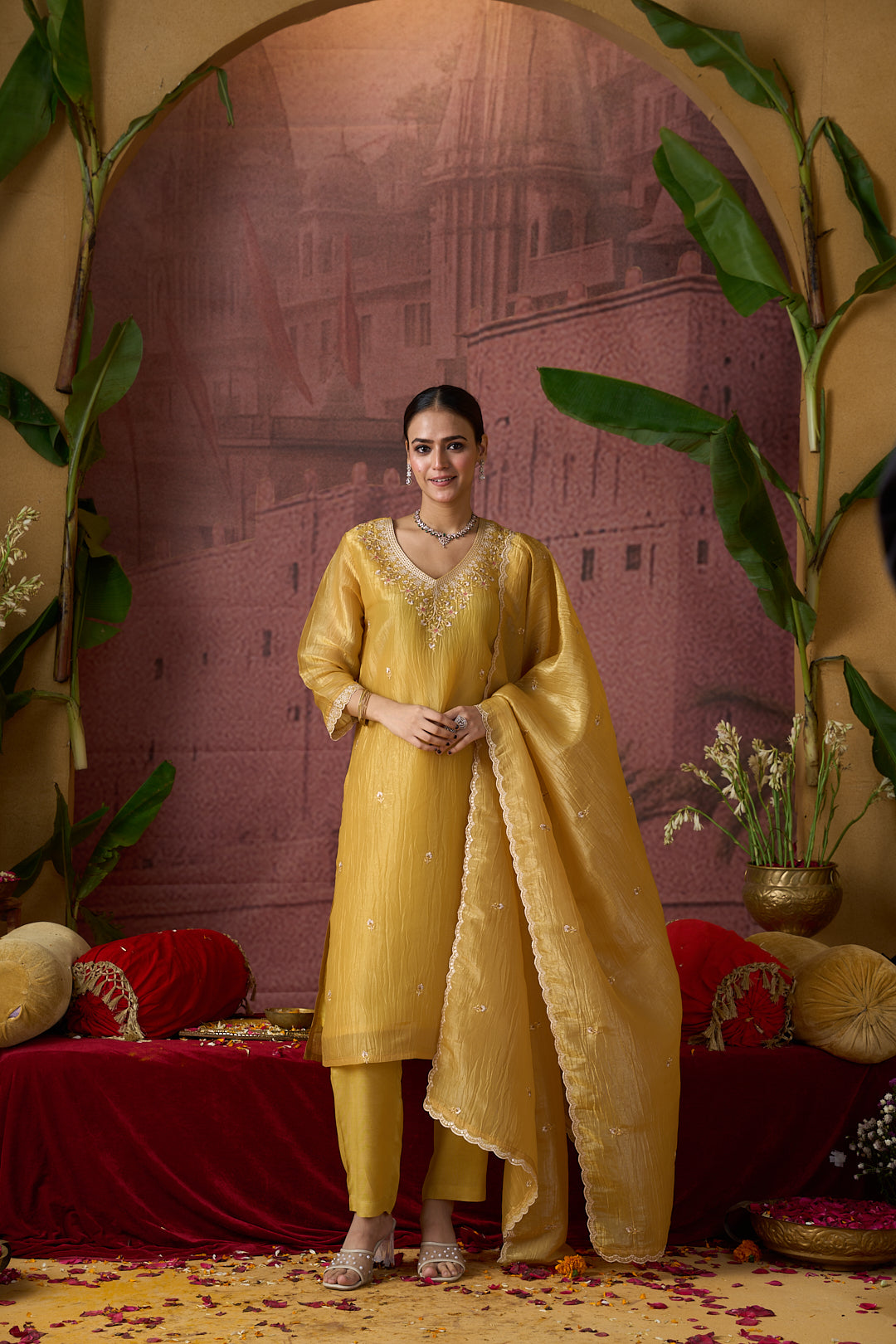 Floral Embroidered Straight Organza Kurta & Trousers Sets