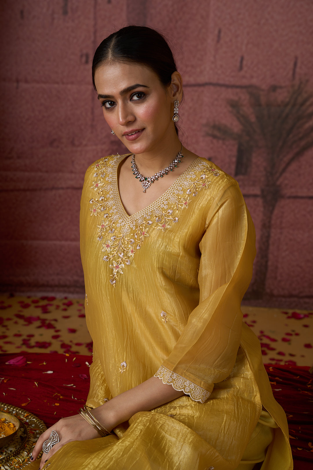 Floral Embroidered Straight Organza Kurta & Trousers Sets