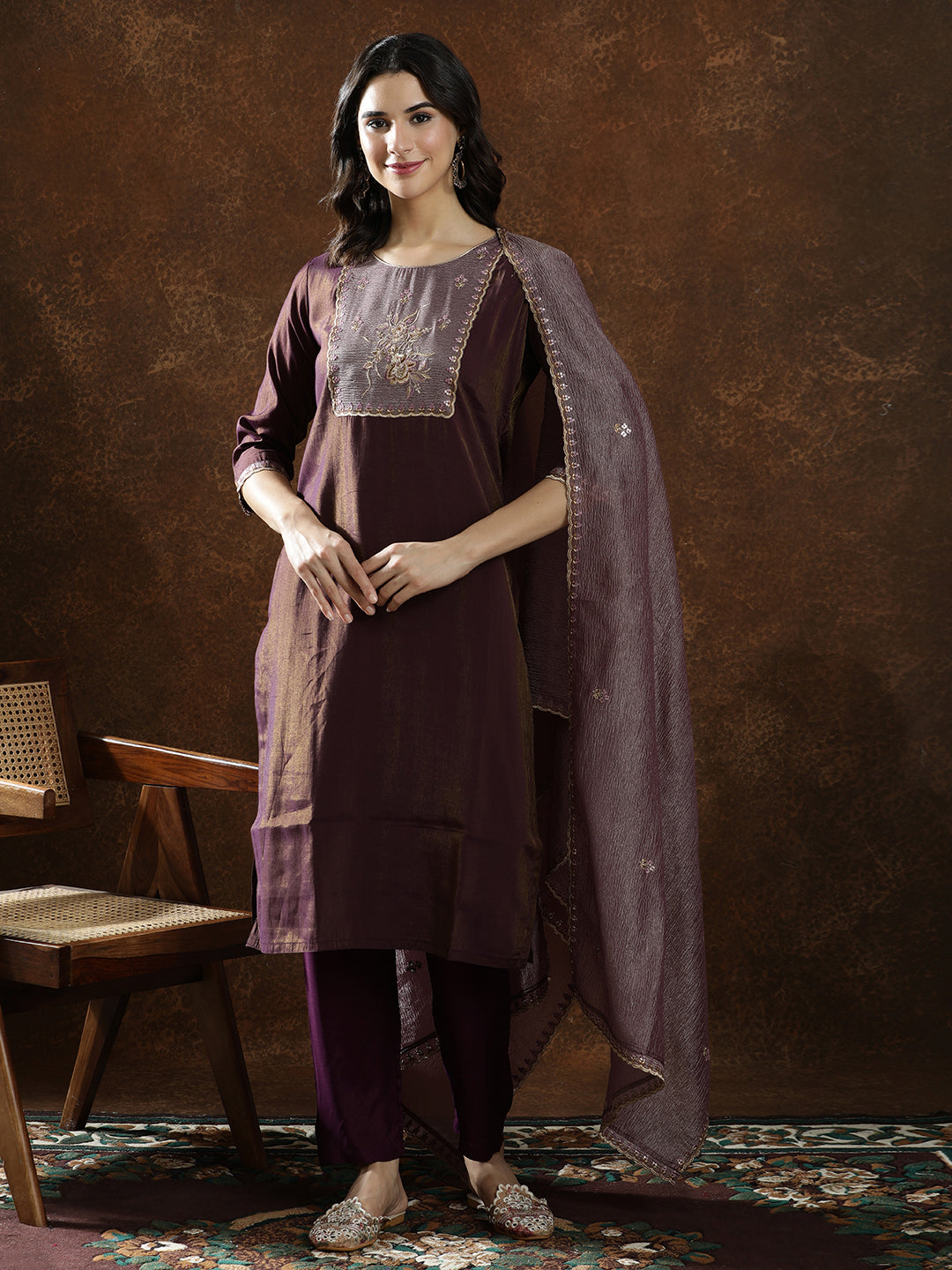 Floral Embroidered Straight Kurta & Trousers Sets