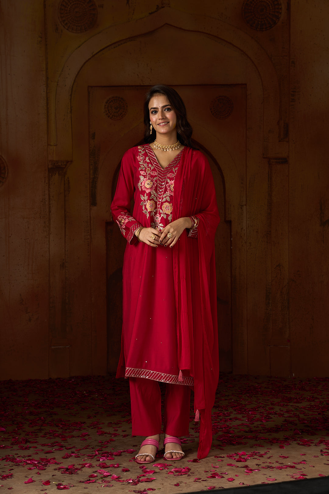 Floral Embroidered Straight Silk Blend Kurta & Trousers Sets