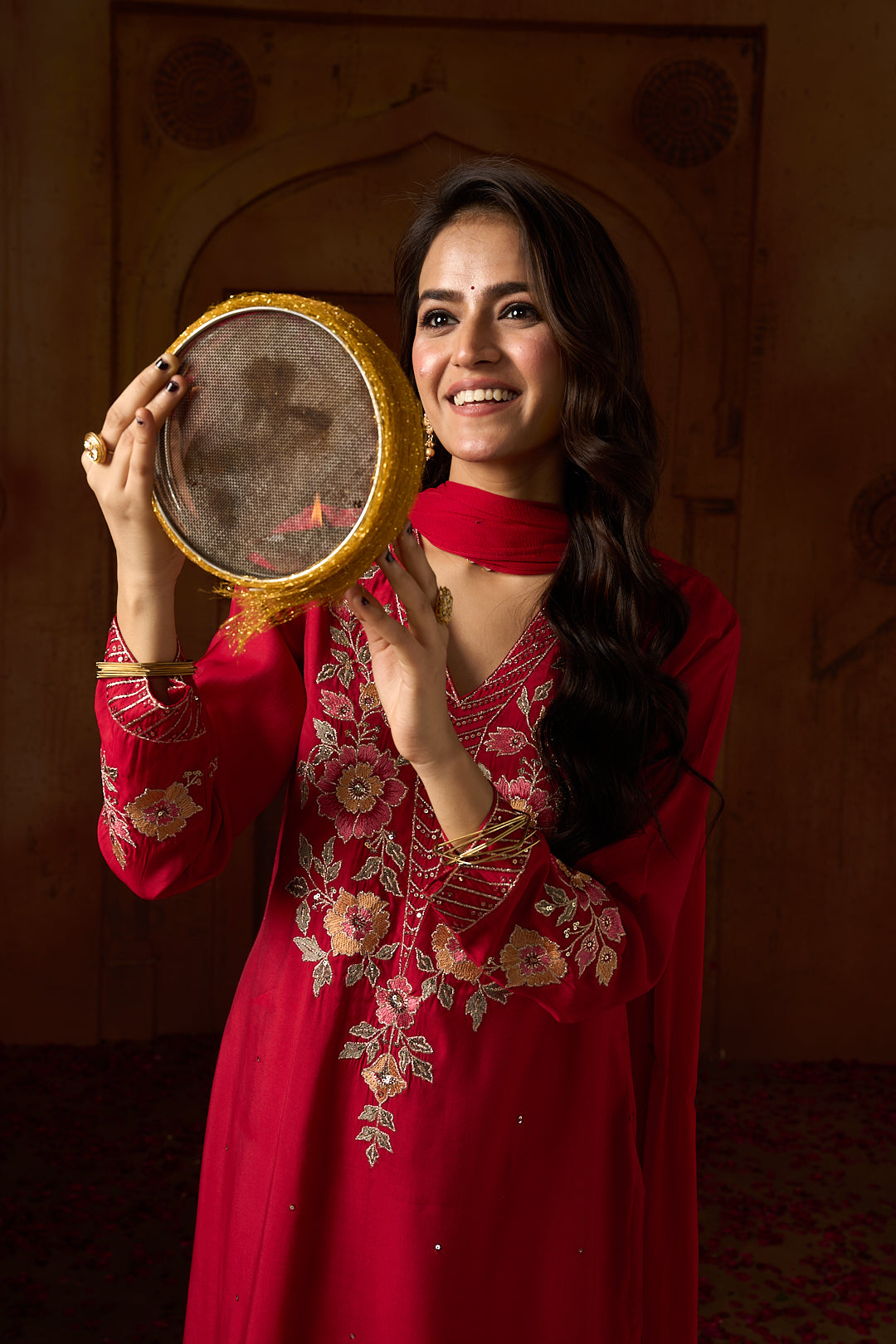 Floral Embroidered Straight Silk Blend Kurta & Trousers Sets