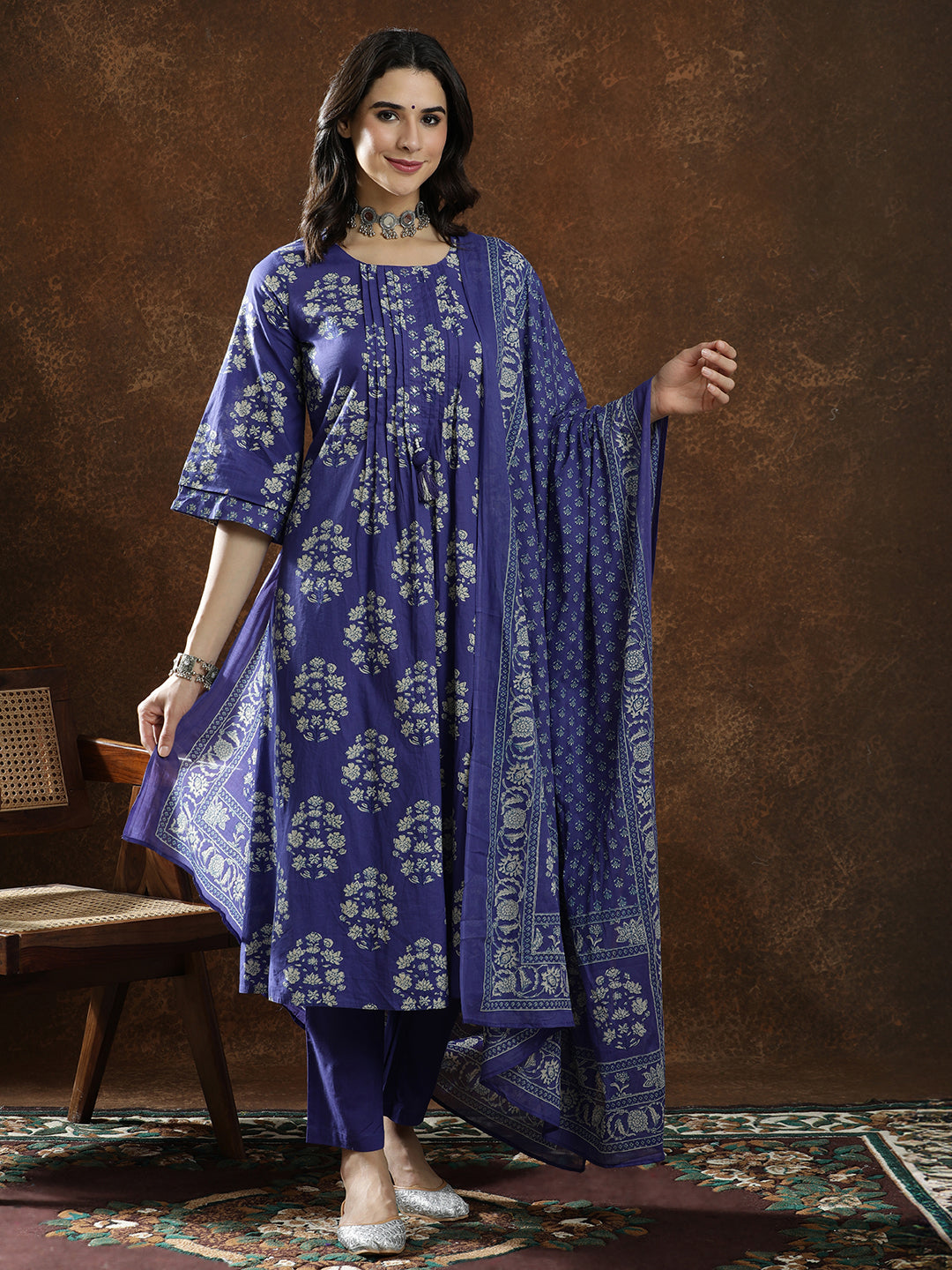 Floral Embroidered A-Line Pure Cotton Kurta & Trousers Sets