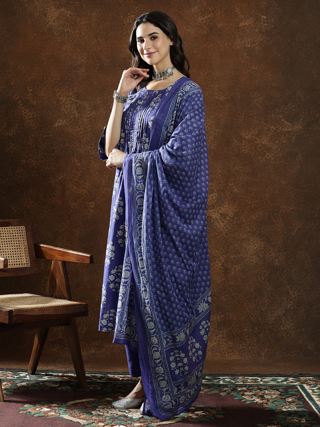 Floral Embroidered A-Line Pure Cotton Kurta & Trousers Sets