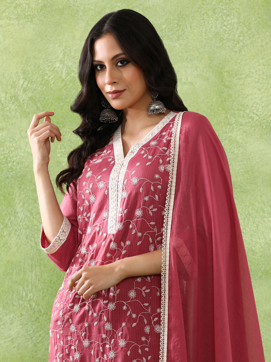 Floral Embroidered A-Line Pure Cotton Kurta & Trousers Sets