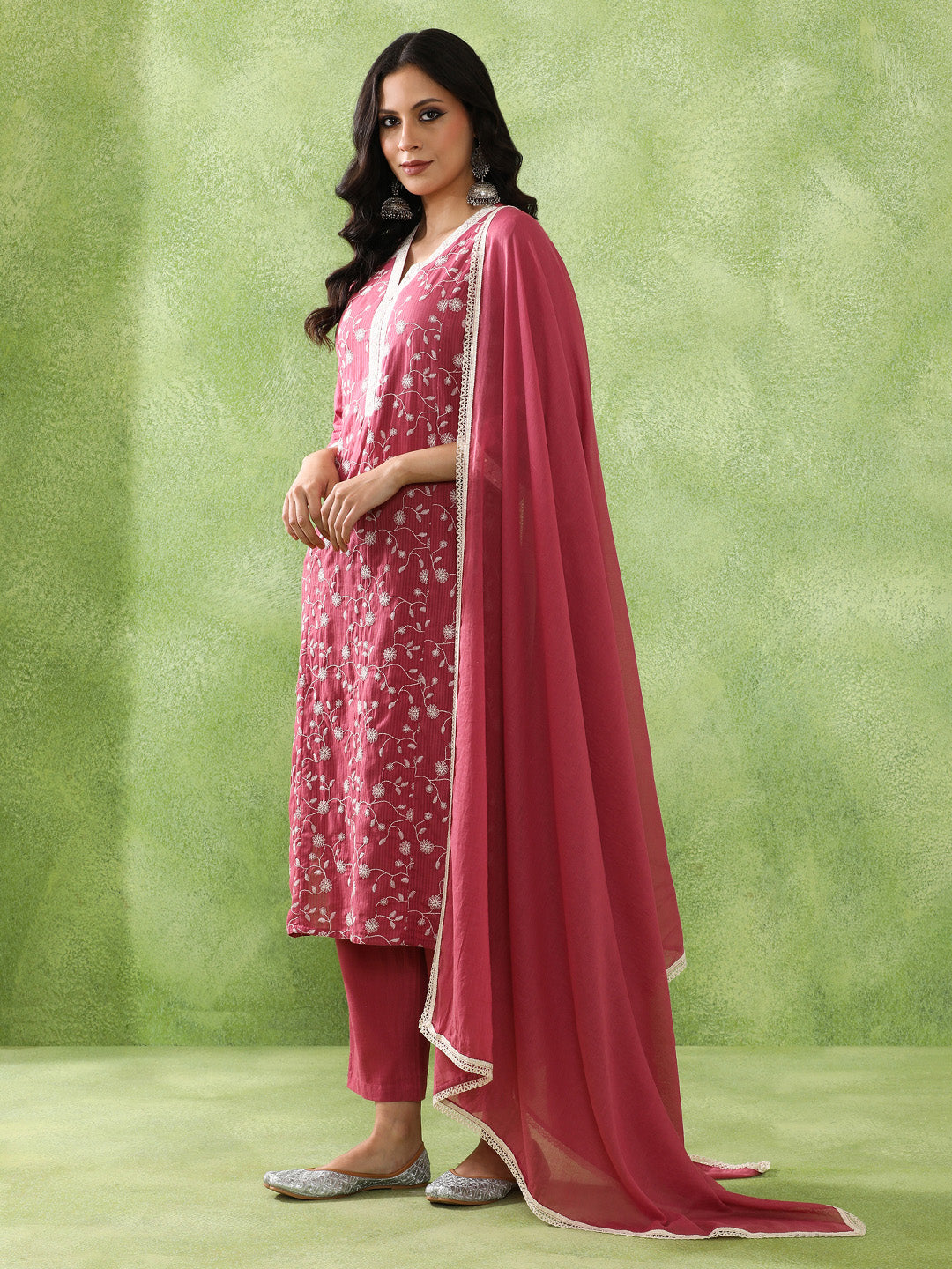 Floral Embroidered A-Line Pure Cotton Kurta & Trousers Sets