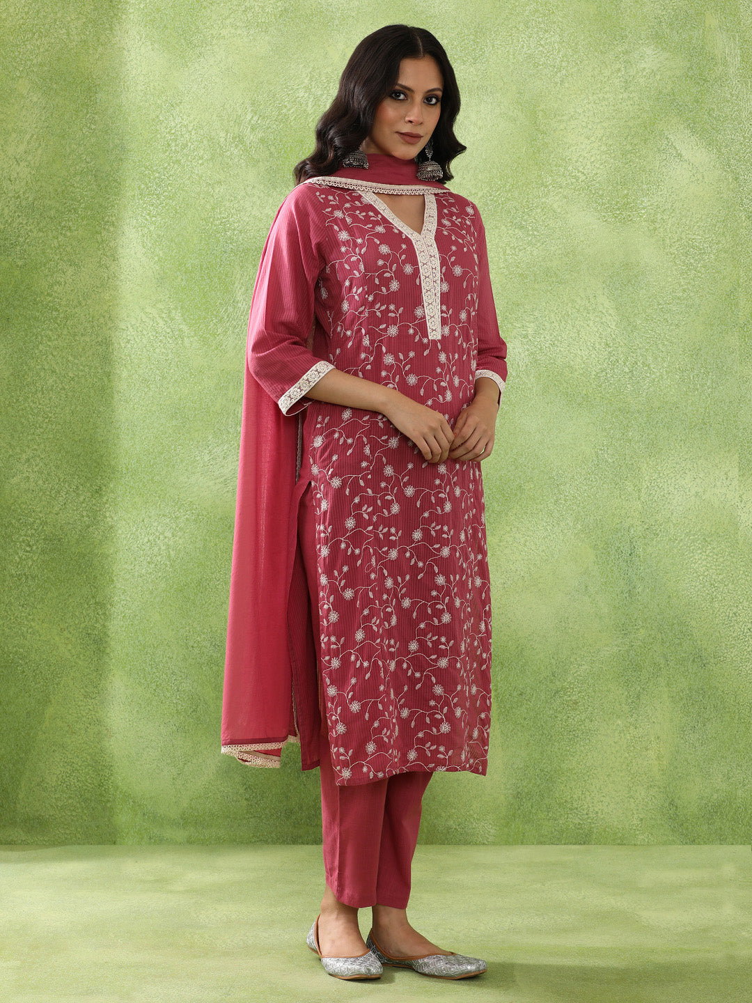 Floral Embroidered A-Line Pure Cotton Kurta & Trousers Sets