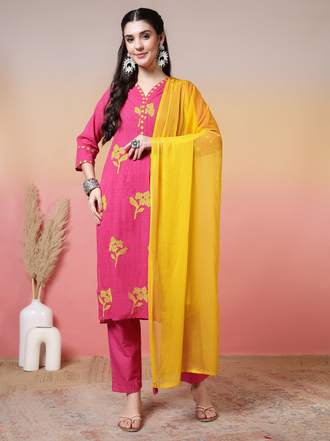 Floral Embroidered Straight Pure Cotton Kurta & Trousers Sets