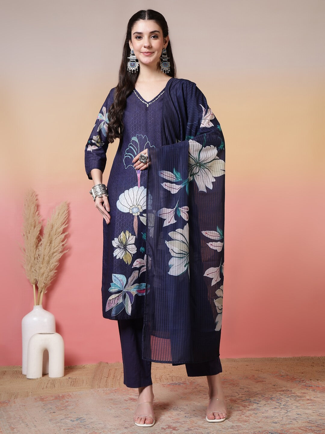 Floral Embroidered Straight Kurta & Trousers Sets