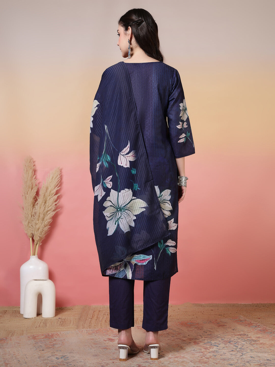 Floral Embroidered Straight Kurta & Trousers Sets