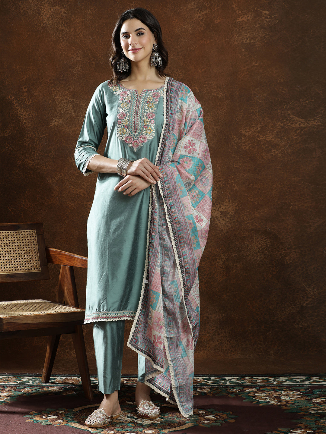 Floral Embroidered Straight Kurta & Trousers Sets