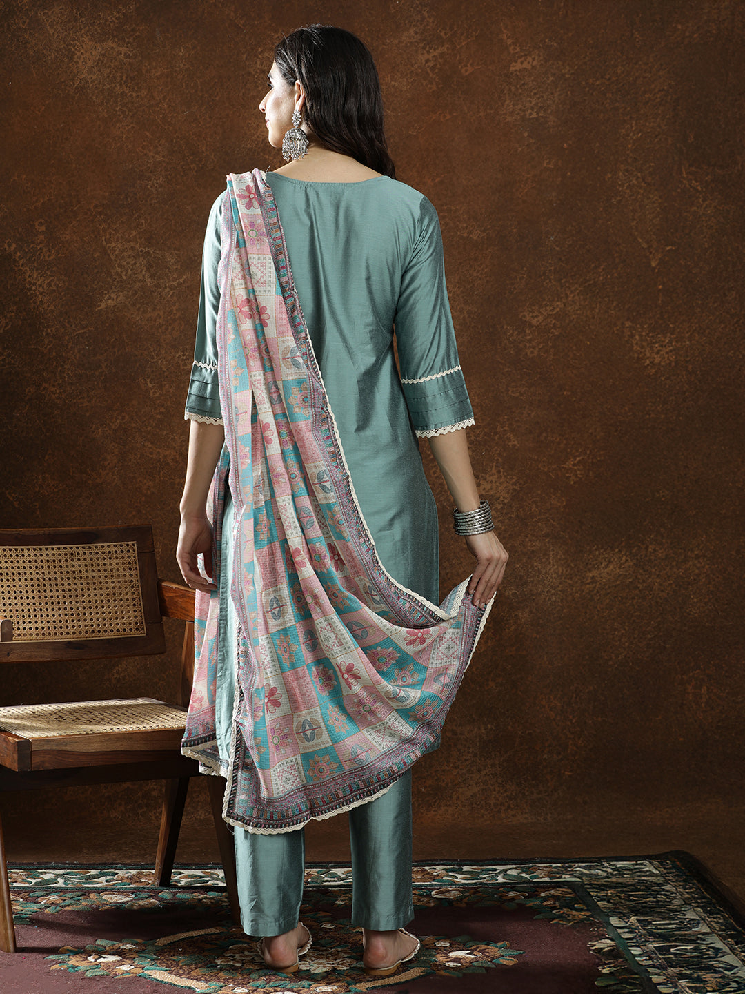 Floral Embroidered Straight Kurta & Trousers Sets