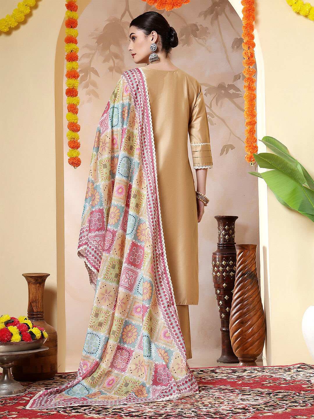 Floral Embroidered Straight Kurta & Trousers Sets
