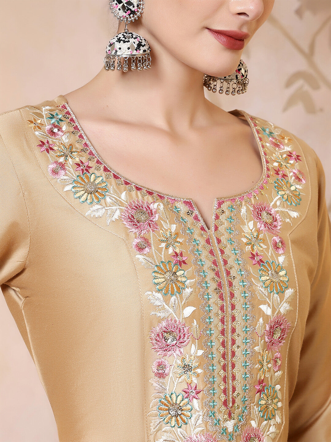 Floral Embroidered Straight Kurta & Trousers Sets