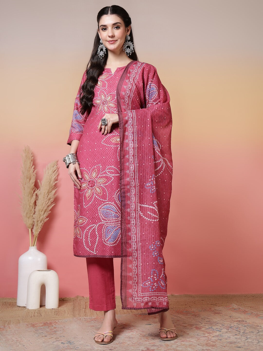 Bandhani Embroidered Straight Kurta & Trousers Sets