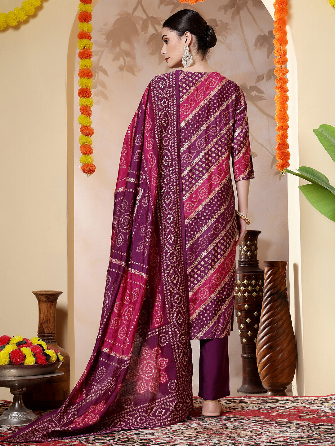 Bandhani Embroidered Straight Kurta & Trousers Sets