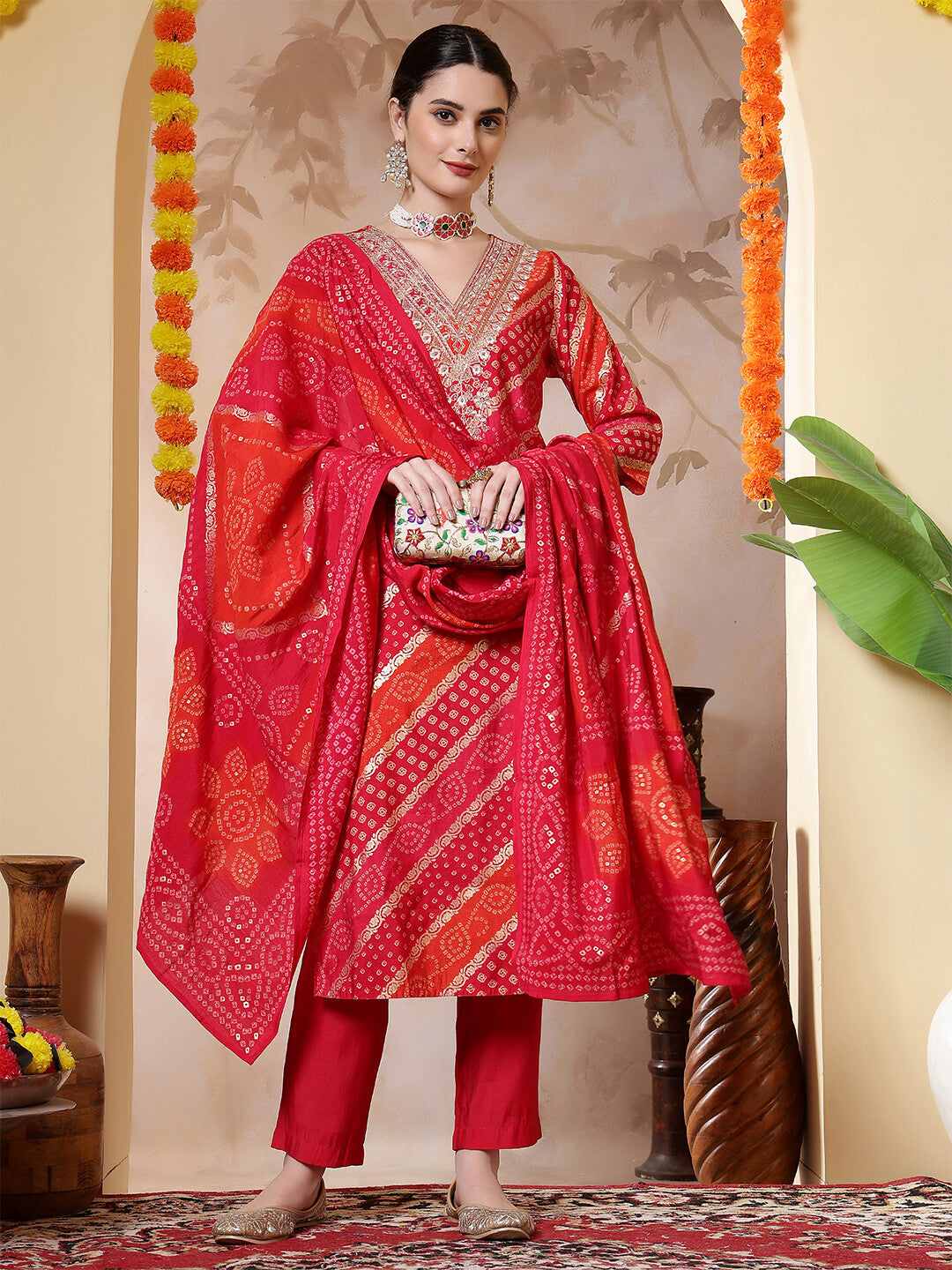 Bandhani Embroidered Straight Kurta & Trousers Sets